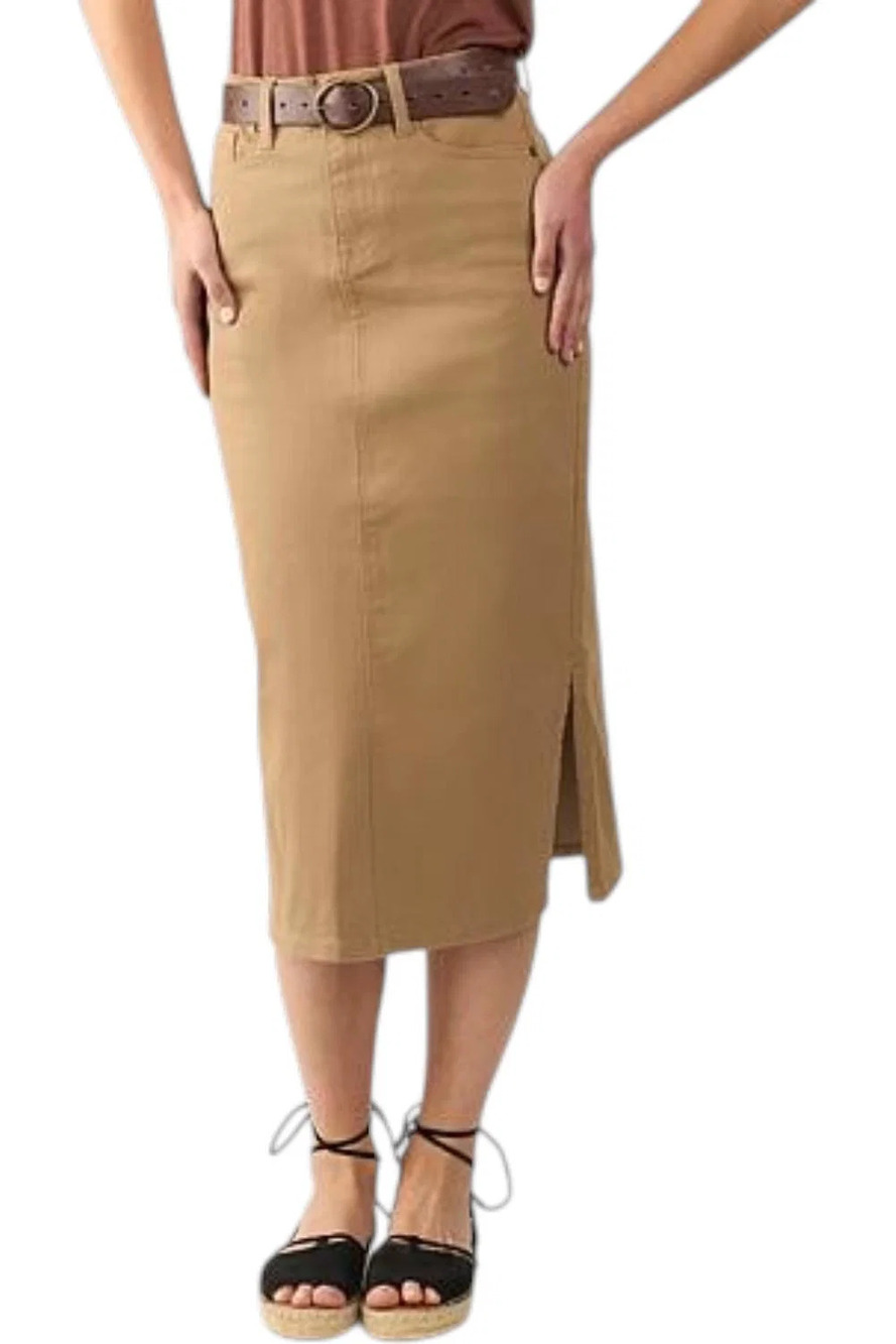 DG2 by Diane Gilman Women's Stretch Denim Midi Skirt Side Slits Camel - Petite